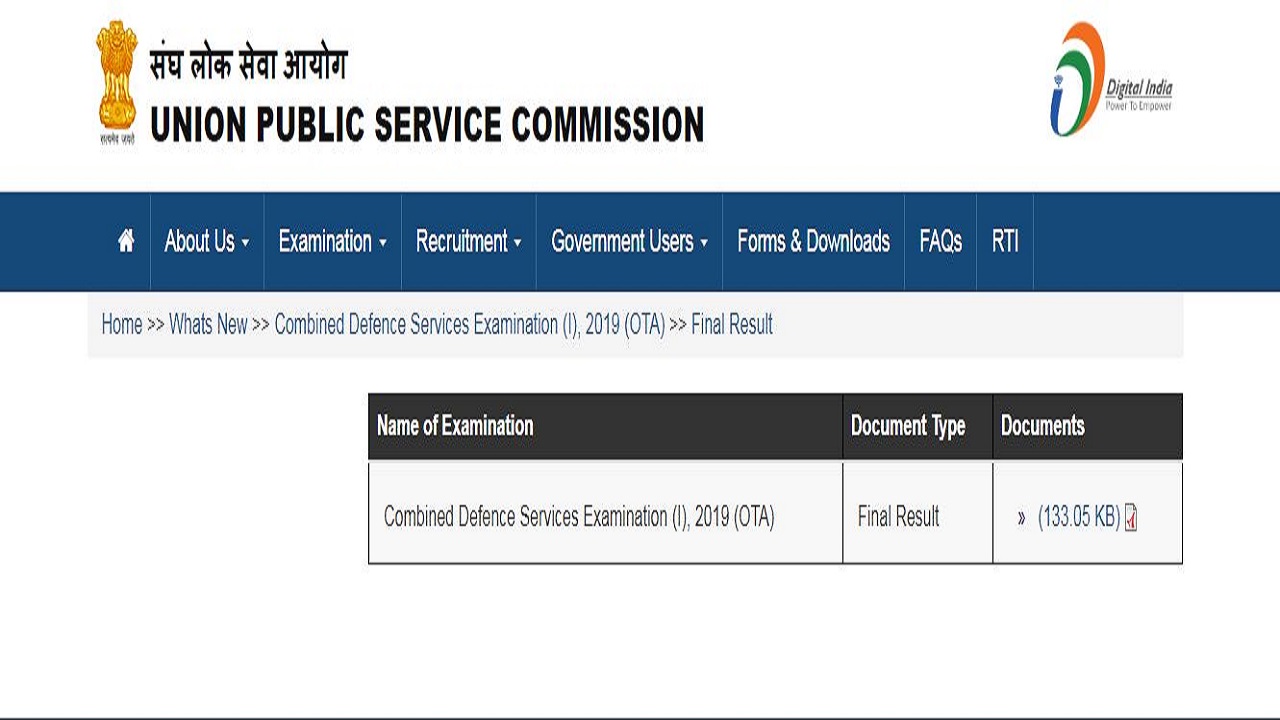 UPSC CDS I 2019 OTA Result Declared At upsc.gov.in
