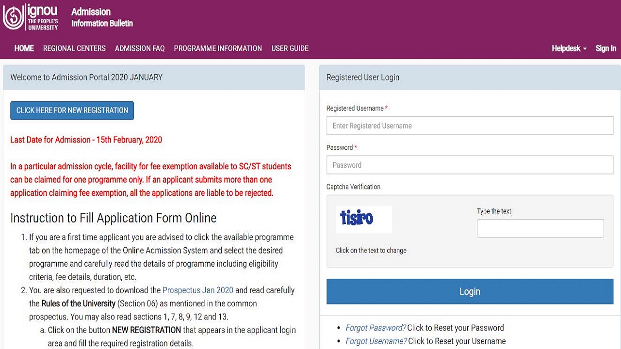 IGNOU January 2020 Application Date Extended