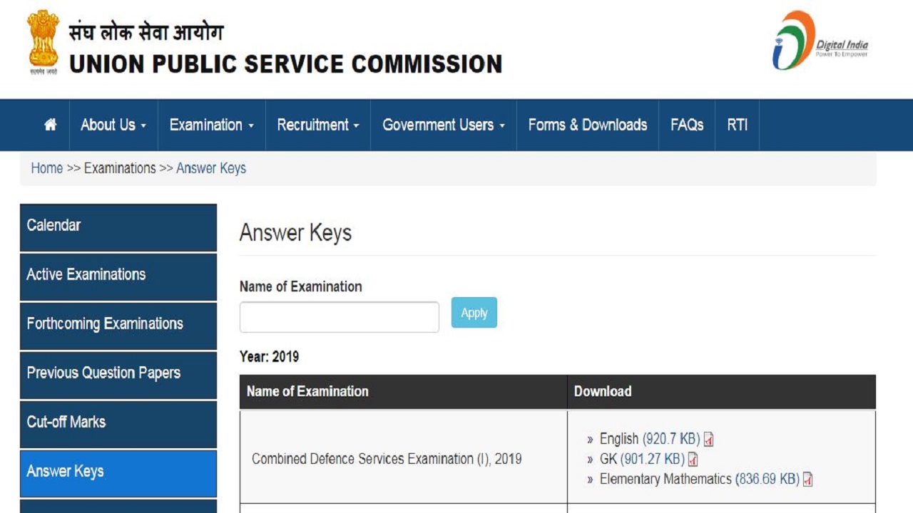 UPSC CDS 1 Answer Key 2019 Released
