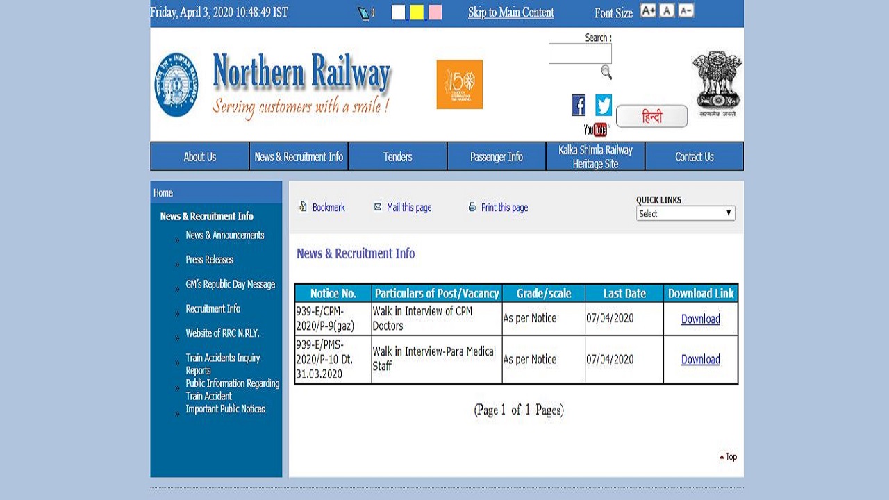 Northern Railway Recruitment Notification 2020 Released